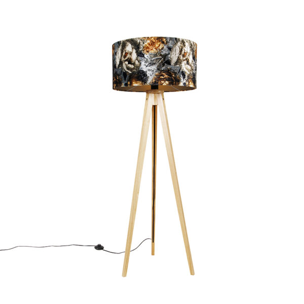 Floor lamp wood with fabric shade flowers 50 cm - Tripod Classic