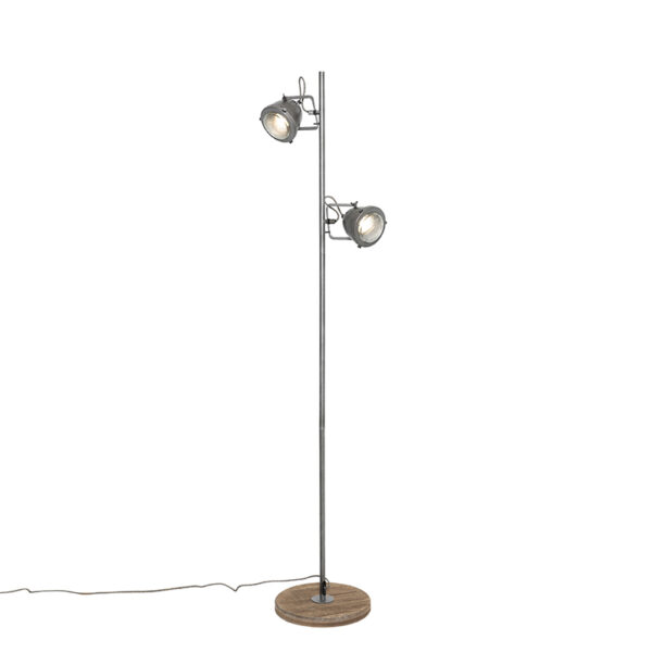 Industrial floor lamp steel with wood 2 lights - Emado