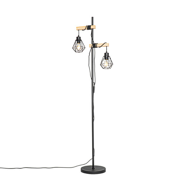 Country floor lamp black with wood 2-light - Chon