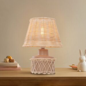 Lightsin Natural Rattan Table Lamp with Pink Wood Base for Bedroom and Living Room