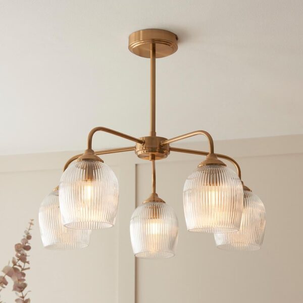 Aiken 5 Light Ribbed Glass Ceiling Light In Brushed Aged Brass