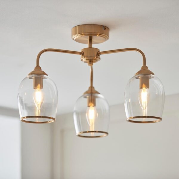 Aiken Clear Glass Semi Flush Ceiling Light In Brushed Aged Brass