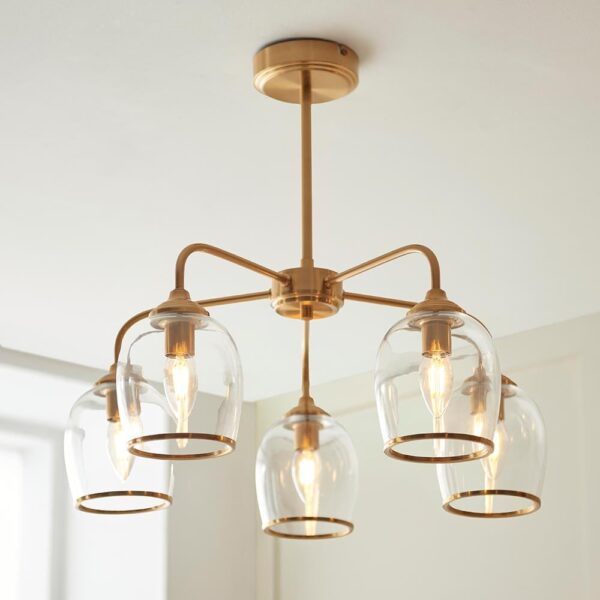Aiken Glass Semi Flush Pendent Ceiling Light In Brushed Aged Brass
