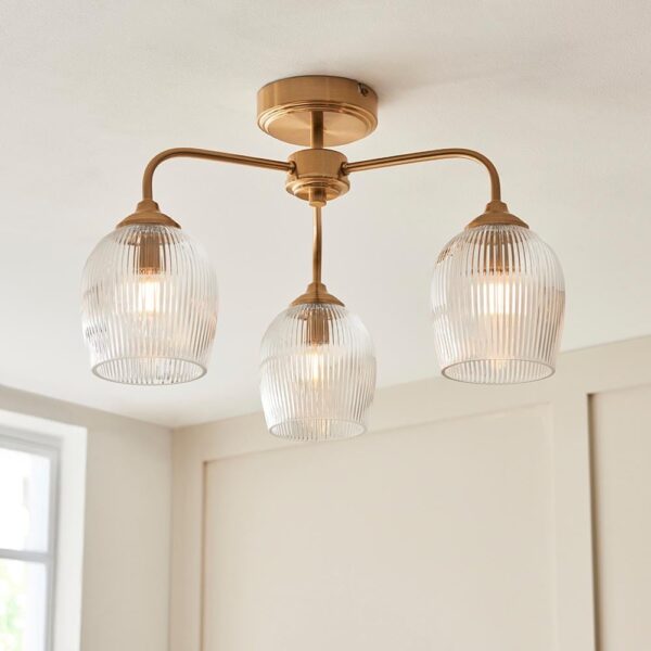 Aiken Ribbed Glass Semi Flush Ceiling Light In Brushed Aged Brass
