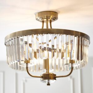 Allston Faceted Glass Semi Flush Ceiling Light In Antique Brass