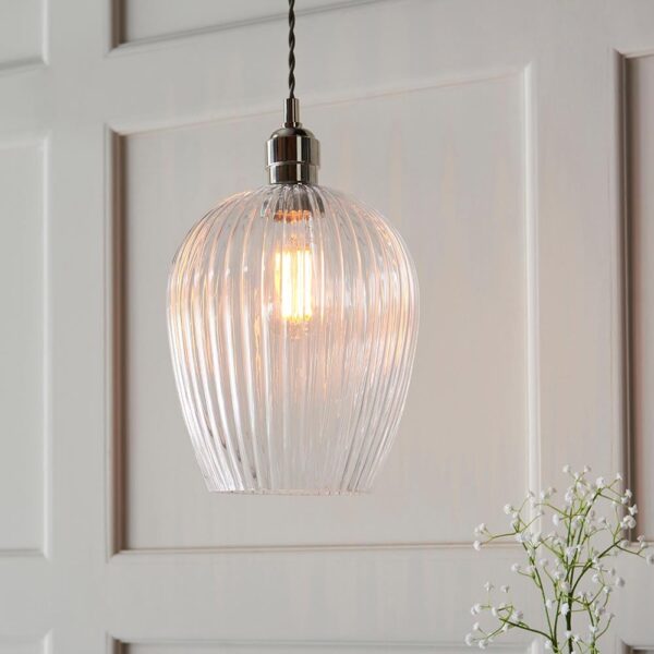 Hixson Small Ribbed Glass Pendant Ceiling Light In Nickel
