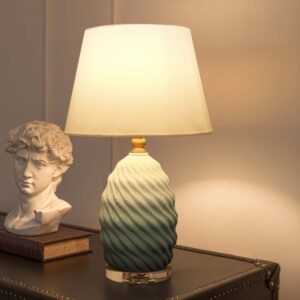 Lightsin 3D Green White Gradient Threaded Ceramic Table Lamp with Fabric Shade