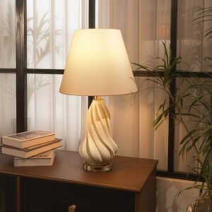 Lightsin 3D Pure White Ceramic Spiral Vase Table Lamp with Fabric Shade