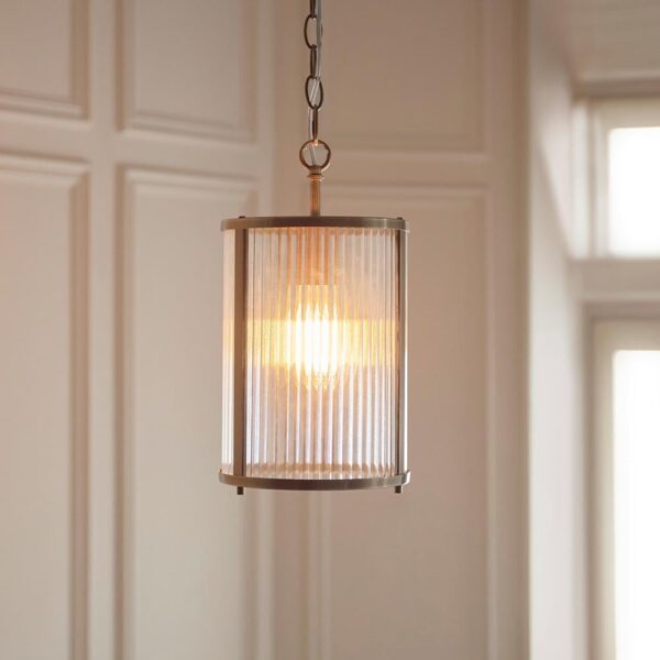 Rayong Ribbed Glass Pendant Ceiling Light In Antique Brass