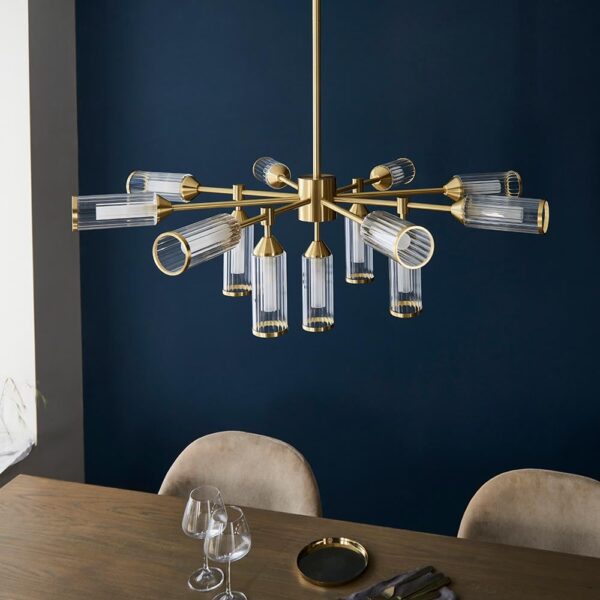 Reno 13 Light Ribbed Glass Pendant Ceiling Light In Satin Brass