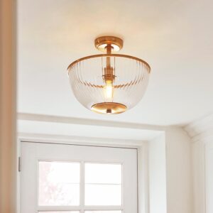 Salem Ribbed Glass Downlighter Flush Ceiling Light In Vintage Brass