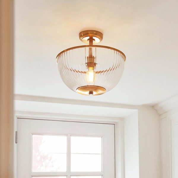 Salem Ribbed Glass Downlighter Flush Ceiling Light In Vintage Brass