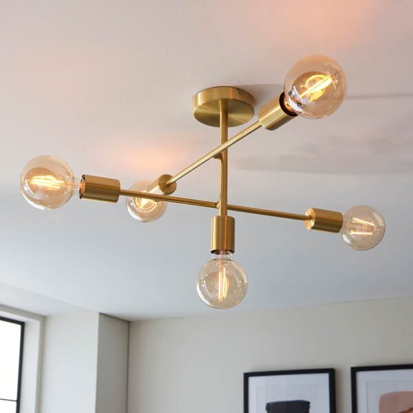 Samson 5 Light Metal Semi Flush Ceiling Light In Satin Brass