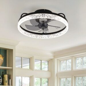48cm Modern Black Round Crystal Ceiling Fan with Light