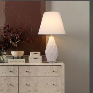Lightsin 3D Pure White Polygonal Textured Ceramic Table Lamp with Fabric Shade