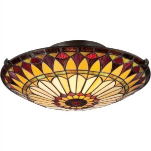 QZ-WEST-END-F Flush Mount Ceiling Light In Vintage Bronze With Tiffany Glass Shade