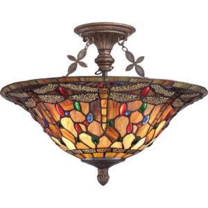 QZ/JDRAGONFLY/SF Semi Flush Ceiling Light In Malaga With Tiffany Glass Shade