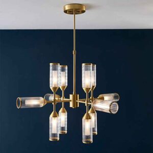 Reno 12 Light Ribbed Glass Pendant Ceiling Light In Satin Brass