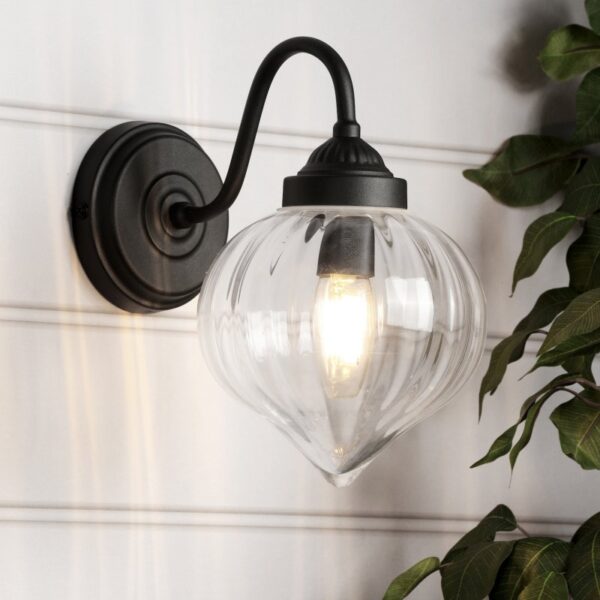 Laura Ashley Whitham Outdoor Wall Light In Matt Black With Ribbed Glass IP44 LA3756721-Q