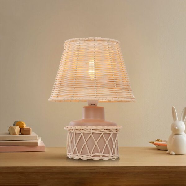 Lightsin Natural Rattan Table Lamp with Pink Wood Base for Bedroom and Living Room - 2 Units
