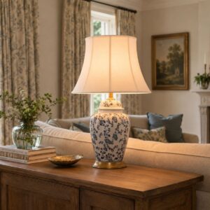 Lightsin Blue Floral Ceramic Table Lamp with Fabric Shade and Brass Base